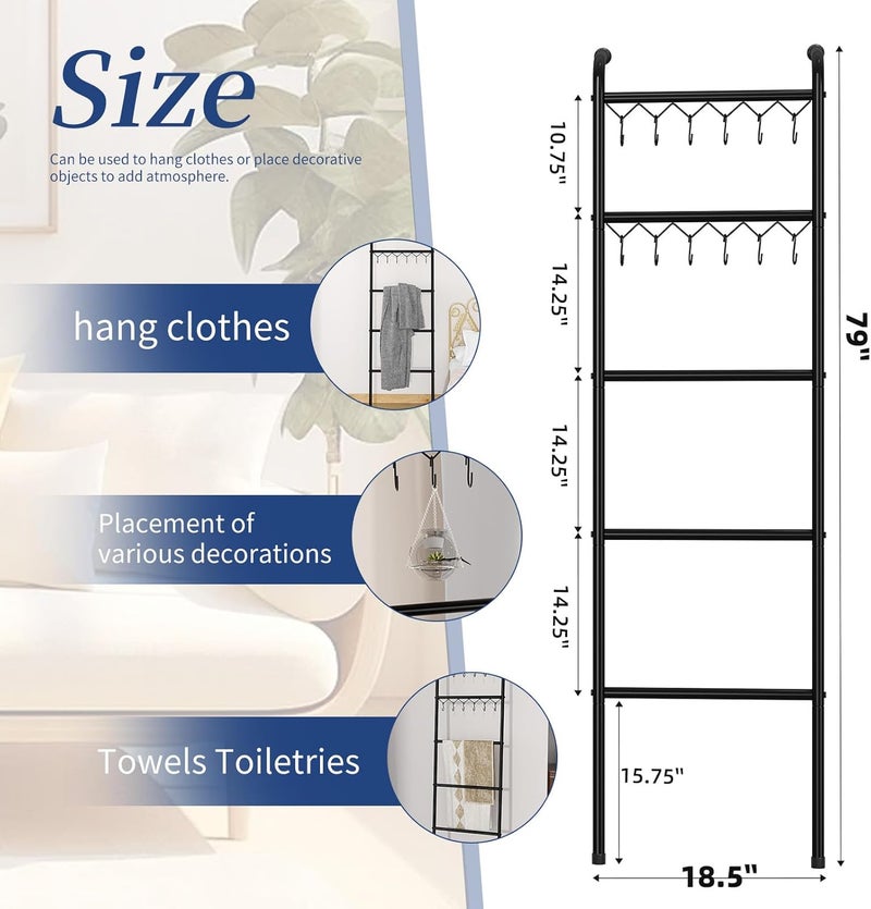 Simple Trending Blanket Ladder，5 Tier Metal Towel Rack with 12 Hooks, 79'' Metal Style Decorative Ladder for The Living Room Bedroom Bathroom Home Decor, Black - Image 5
